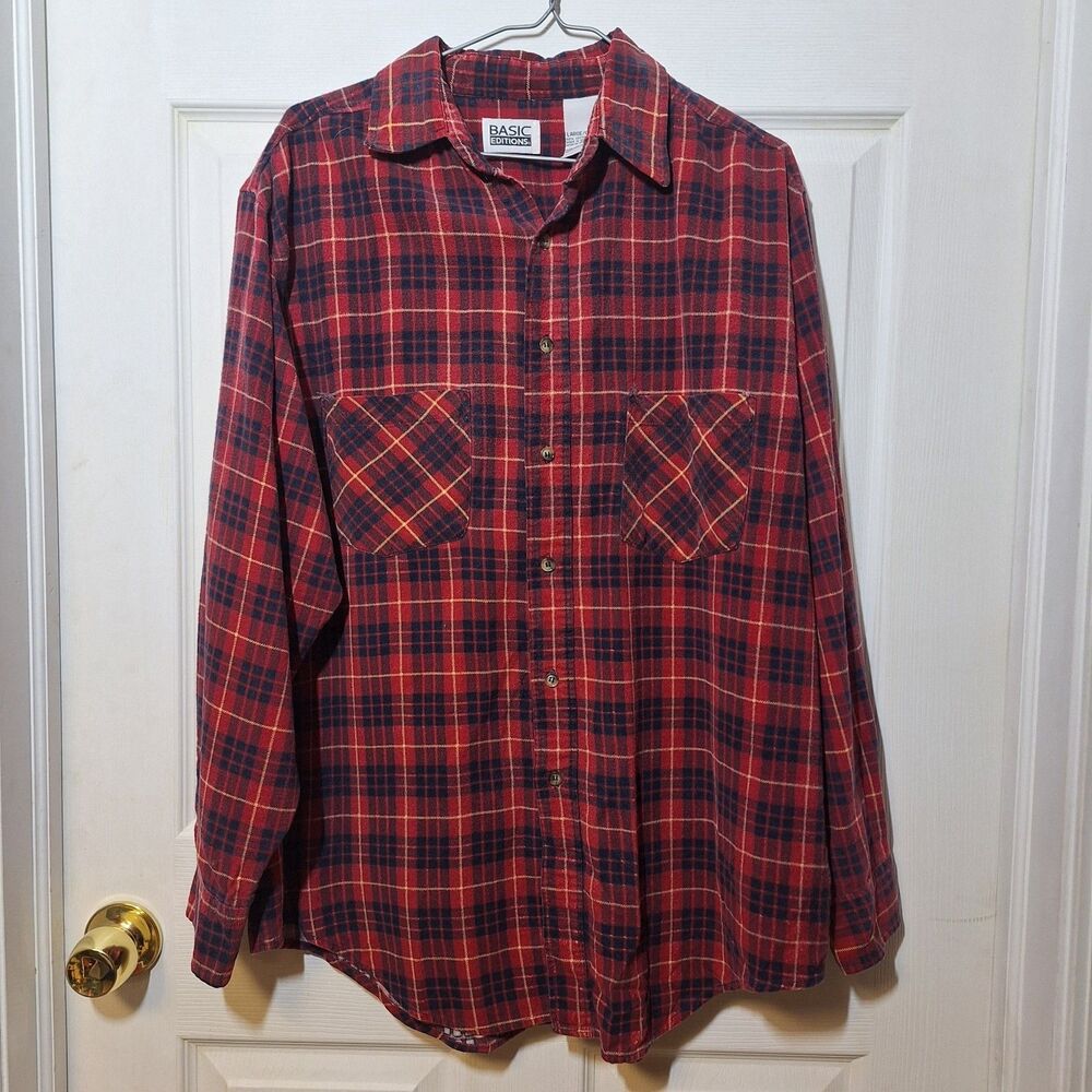 Basic Editions Vintage Red Blue Plaid Long Sleeved Flannel Shirt Workwear Sz L